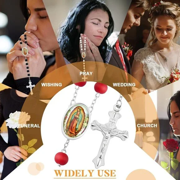 36 Pcs Wooden Bead Rosary Necklaces with Crucifix & Our Lady of Guadalupe in 6 C